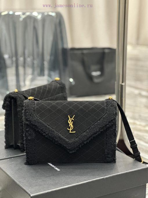 Yves Saint Laurent Bags GABYQuilted Pattern Envelope BagBlack suede with lamb wool styleItalian imported suede paire oq41a3fn