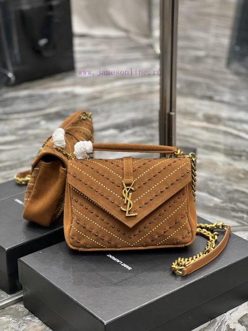 Yves Saint Laurent Bags 𝑴𝒐𝒏𝒐𝒈𝒓𝒂𝒎 𝒄𝒐𝒍𝒍𝒆𝒈𝒆 Caramel rivet threading process frosted style_Wannian postman bag, hot and 085k7074