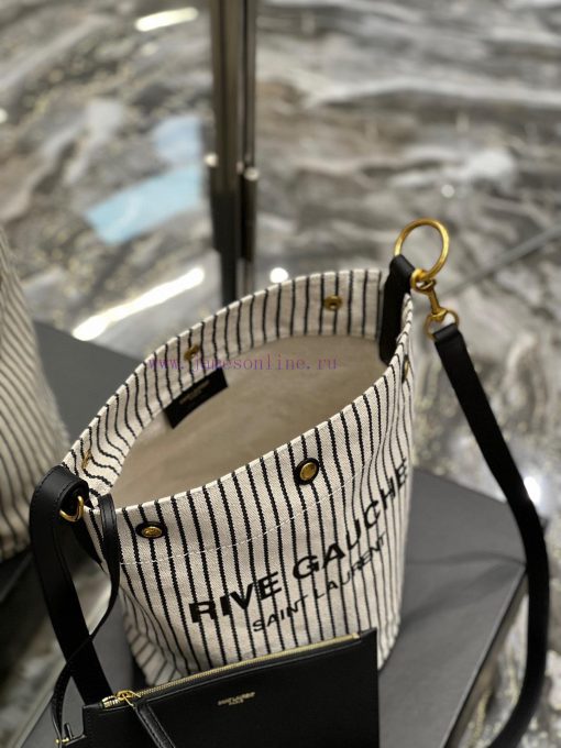 Yves Saint Laurent Bags Black and white striped style_The latest RIVE GAUCHE French linen bucket bag, with its simpl d76pny7l - Image 5