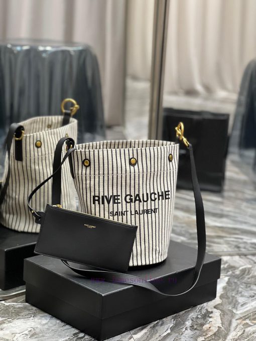 Yves Saint Laurent Bags Black and white striped style_The latest RIVE GAUCHE French linen bucket bag, with its simpl as1vjvv0