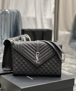 Yves Saint Laurent Bags Envelope black silver buckleLarge grained embossed stitched genuine leather envelope bagClas 02xwy5vy