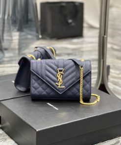 Yves Saint Laurent Bags Envelope Blue Gold Buckle_Small grained embossed stitched leather envelope bagClassic is ete r0ci0mem