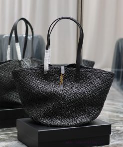 Yves Saint Laurent Bags Black LargePANIER vegetable basket V-shaped hollow woven straw tote bag_The exquisite Parisi 00xeubhm