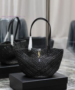 Yves Saint Laurent Bags Black SmallPANIER vegetable basket V-shaped hollow woven straw tote bag_The exquisite Parisi 4aesht5t