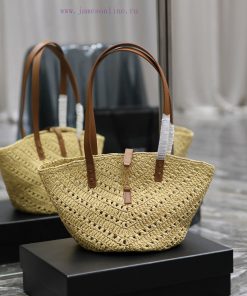 Yves Saint Laurent Bags Apricot SmallPANIER vegetable basket V-shaped hollow woven straw tote bag_The exquisite Pari igb9da0s