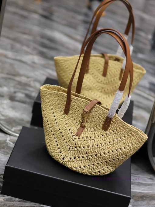 Yves Saint Laurent Bags Apricot SmallPANIER vegetable basket V-shaped hollow woven straw tote bag_The exquisite Pari igb9da0s - Image 4