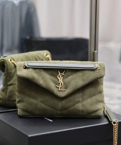 Yves Saint Laurent Bags Military green gold buckle frosted styleLoulou Puffer_ Quilted lamb leather bag, made of 100 tv75vzur