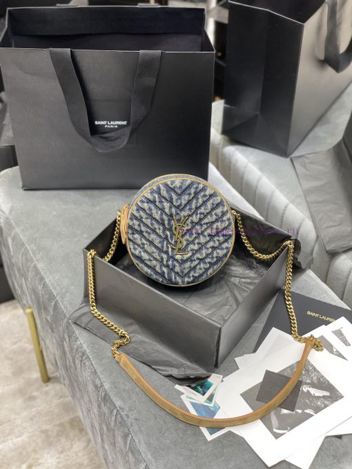 Yves Saint Laurent Bags VINYLE_Circle bag denim fabricEarth yellow frosted leather shoulder strap_Don't be fooled by opfs2kno