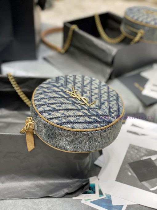 Yves Saint Laurent Bags VINYLE_Circle bag denim fabricEarth yellow frosted leather shoulder strap_Don't be fooled by opfs2kno - Image 9
