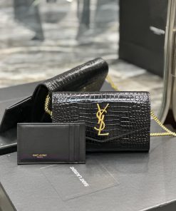 Yves Saint Laurent Bags 𝑈𝑝𝑡𝑜𝑤𝑛 _ Mini envelope packageBlack crocodile patterned gold buckle_The most classic iconic tus1ry43