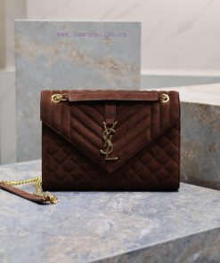 Yves Saint Laurent Bags NEW Brown Gold Button MatteENVELOPE Matte SeriesMedium envelope bag, V-shaped diamond patter nqiqtro2