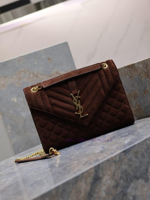 Yves Saint Laurent Bags NEW Brown Gold Button MatteENVELOPE Matte SeriesMedium envelope bag, V-shaped diamond patter nqiqtro2 - Image 3
