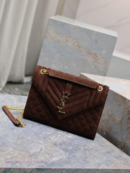 Yves Saint Laurent Bags NEW Brown Gold Button MatteENVELOPE Matte SeriesMedium envelope bag, V-shaped diamond patter nqiqtro2 - Image 4