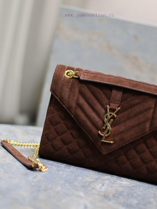 Yves Saint Laurent Bags NEW Brown Gold Button MatteENVELOPE Matte SeriesMedium envelope bag, V-shaped diamond patter nqiqtro2 - Image 5