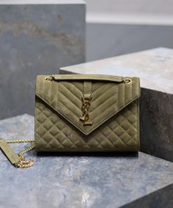 Yves Saint Laurent Bags NEW military green gold buckle frostedENVELOPE Matte SeriesMedium envelope bag, V-shaped dia 5mkt0jo4