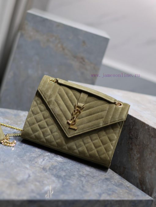 Yves Saint Laurent Bags NEW military green gold buckle frostedENVELOPE Matte SeriesMedium envelope bag, V-shaped dia 5mkt0jo4 - Image 3