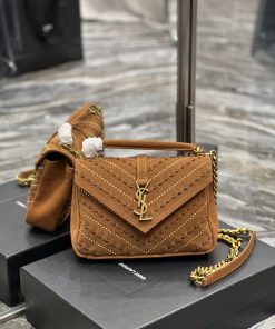 Yves Saint Laurent Bags 𝑴𝒐𝒏𝒐𝒈𝒓𝒂𝒎 𝒄𝒐𝒍𝒍𝒆𝒈𝒆 Caramel rivet threading process frosted style_Wannian postman bag, hot and 7tfix708