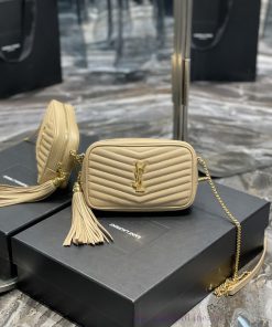 Yves Saint Laurent Bags Apricot colored gold buckle_Top class imported cowhide camera bag, ZP open mold printing, to 56cs7tlm