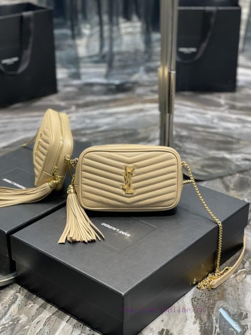 Yves Saint Laurent Bags Apricot colored gold buckle_Top class imported cowhide camera bag, ZP open mold printing, to 56cs7tlm