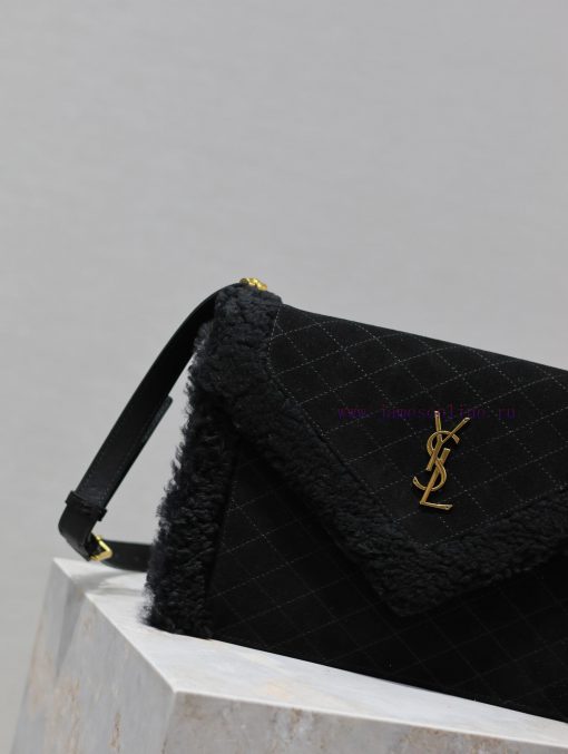 Yves Saint Laurent Bags GABYQuilted Pattern Envelope BagBlack suede with lamb wool styleItalian imported suede paire qsmk0pxi - Image 4