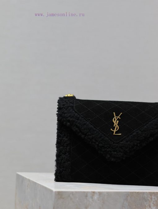 Yves Saint Laurent Bags GABY mini_Quilted Pattern Envelope BagBlack suede with lamb wool styleItalian imported suede p5bs9uey - Image 4