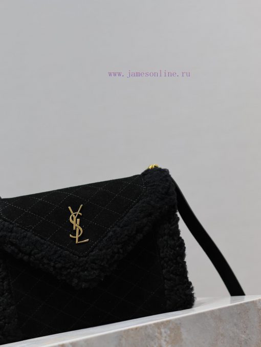 Yves Saint Laurent Bags GABY mini_Quilted Pattern Envelope BagBlack suede with lamb wool styleItalian imported suede p5bs9uey - Image 5