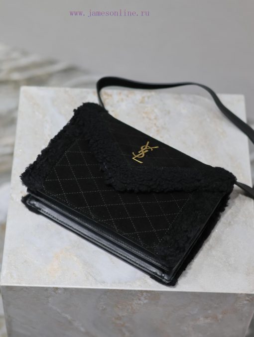 Yves Saint Laurent Bags GABY mini_Quilted Pattern Envelope BagBlack suede with lamb wool styleItalian imported suede p5bs9uey - Image 7