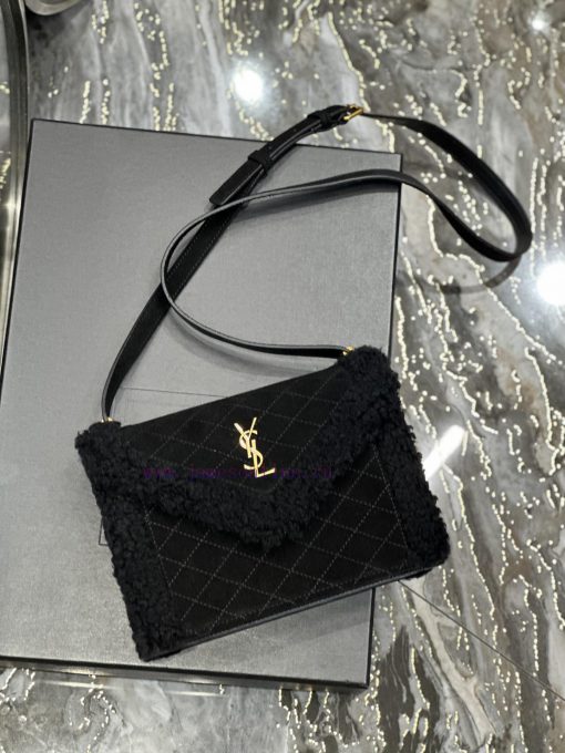 Yves Saint Laurent Bags GABY mini_Quilted Pattern Envelope BagBlack suede with lamb wool styleItalian imported suede bk9530pb - Image 8