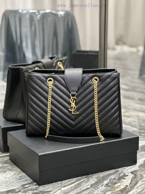 Yves Saint Laurent Bags Black caviar embroidered V-lineY's caviar cowhide large tote bag/shopping bagThe iconic logo xlo35phc - Image 2