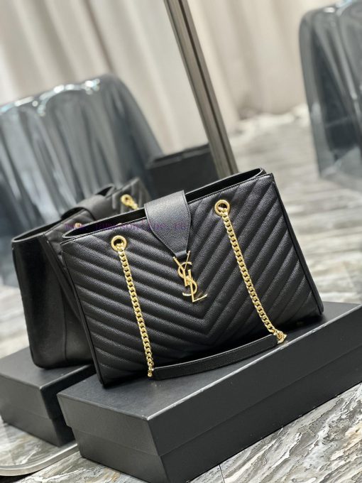 Yves Saint Laurent Bags Black caviar embroidered V-lineY's caviar cowhide large tote bag/shopping bagThe iconic logo xlo35phc - Image 3