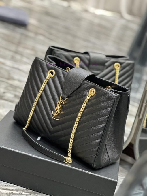 Yves Saint Laurent Bags Black caviar embroidered V-lineY's caviar cowhide large tote bag/shopping bagThe iconic logo xlo35phc - Image 4