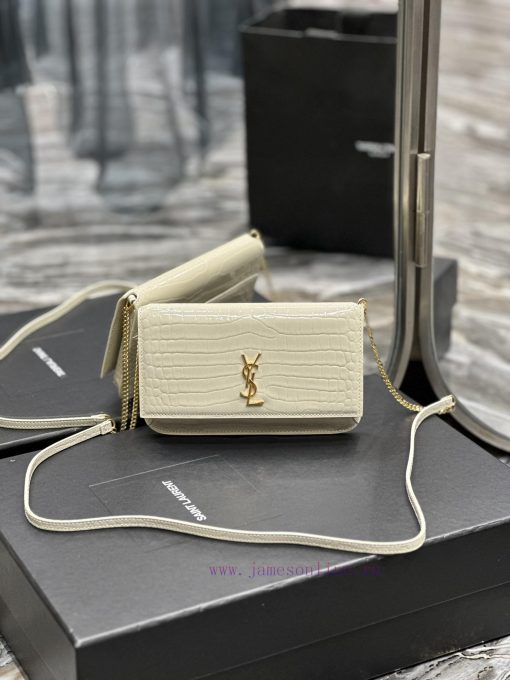 Yves Saint Laurent Bags MONOGRAM White Crocodile Pattern Gold BucklePhone Holder Mini Bag_For the current super popu 1opkms9c