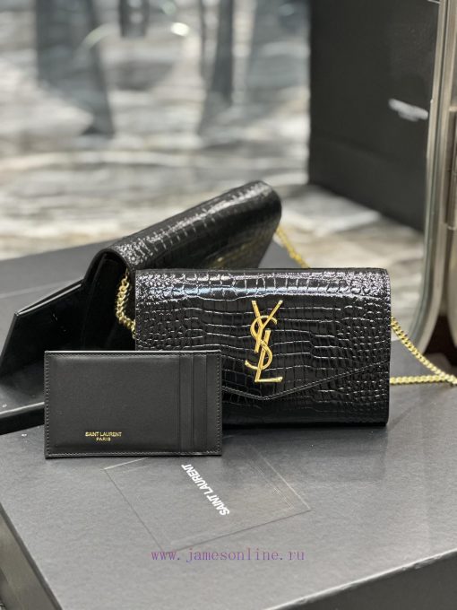Yves Saint Laurent Bags 𝑈𝑝𝑡𝑜𝑤𝑛 _ Mini envelope packageBlack crocodile patterned gold buckle_The most classic iconic go0zfzoj