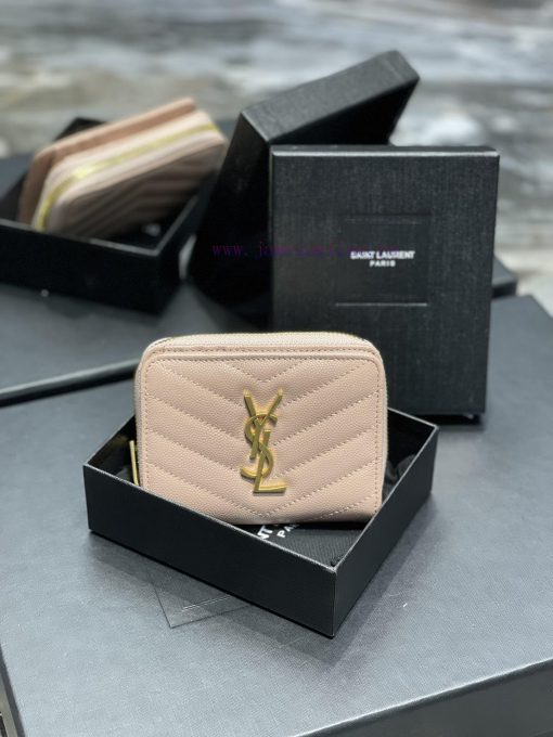 Yves Saint Laurent Bags 𝑴𝒐𝒏𝒐𝒈𝒓𝒂𝒎 _ PinkShort round zipper wallet, made of black grain textured cowhide leather, pair 0vrla2jg