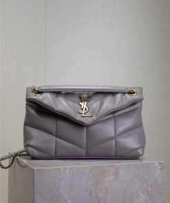 Yves Saint Laurent Bags Grey sheepskin with gold buckle 29cmLoulou Puffer_ Quilted oil wax leather chain bag, made o sl7sp0tg