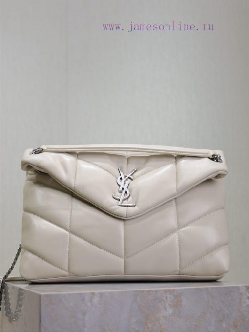 Yves Saint Laurent Bags White with silver buckle 35cmLoulou Puffer_ Quilted lamb leather bag, made of 100% lambskin, 38p3inrs