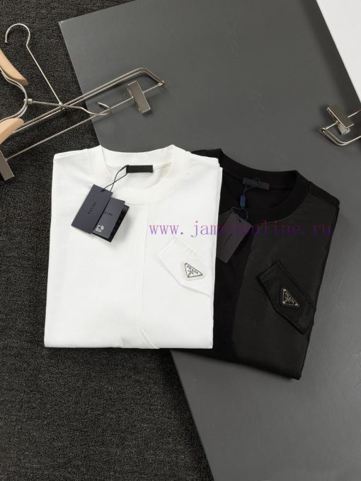 Prada Micro Width S-XlPrada/25ss New Chest Metal Triangle Logo Fake Pocket Patch Embroidered Sh smbq6x6j - Image 3