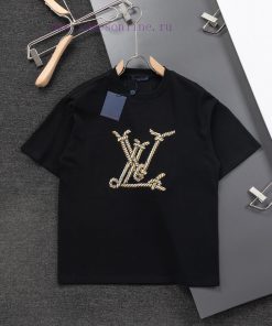 LV 25ss New Product Classic Hemp Rope Letter Embroidery 🪡 Logo Letter Embroidered Round Neck Sh e56ojdy0