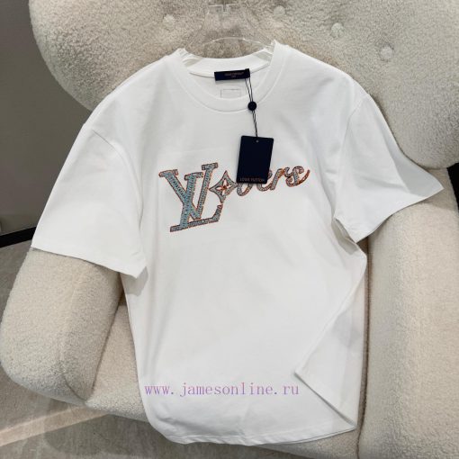 Louis VuittonLV Louis Vuitton 2025 New Handmade Bead Embroidered Short Sleeved T-shirt40S Pure il9x3ojx - Image 2