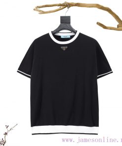 .[] Prada Knitted Sweater Round Neck Short Sleeve T-shirt With Three Dimensional Comparison Sta lflx3xkd