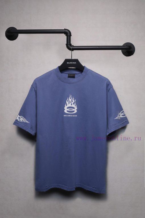 𝐁 A 𝐋 EN 𝐂 IA 𝐆 A 24ss New Double Ring Flame Crack Printed T-shirt Short Sleeve240 Gram Weight dyhuipuo