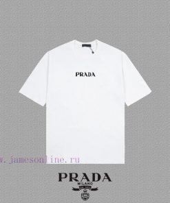 [Prada Prada]2025FW Short Sleeved T-shirt Plush LOGO High End 26s Double Yarn 300g FabricHeavy v3sh0iw3