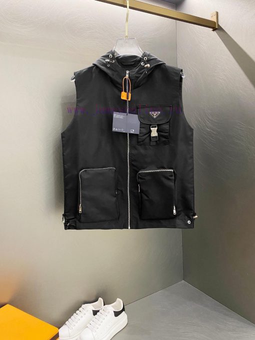 New PRADA | Prada 24SS Recycled Nylon Solid Color Large Pocket Zipper Hooded Sleeveless VestOri xe677dbu