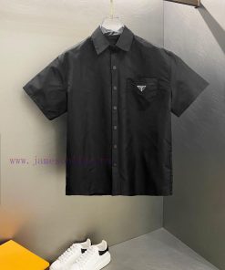 Dark Nylon PRADA Triangle Logo Standing Collar Short Sleeve Shirt 2024FW New Casual Half Sleeve 7i3wjaeg