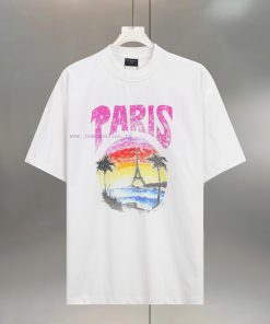 BALENC $AGA Paris Beach Sunset Printed CottonRound Neck T-shirt Unisex Loose FitColor Black Whi 58k1w0g6