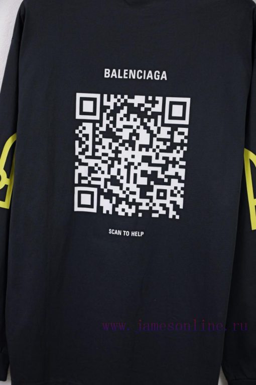 BALENCIAGA Paris QR Code PrintingCotton Round Neck Long Sleeved ShirtColor BlackSize XS S M LNu spw3808f - Image 9