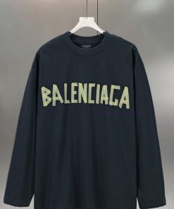 BALENCIAGA Paris Yellow Tape Embossed Paper PrintCotton Round Neck Long Sleeved ShirtColor: Blu ugq9oa1q