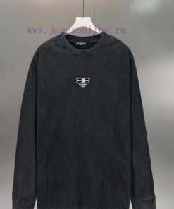 BALENCIAGA Paris Double B Grid Embroidered CottonRound Neck Long Sleeved ShirtColor: Wash Water 0ikh9xka