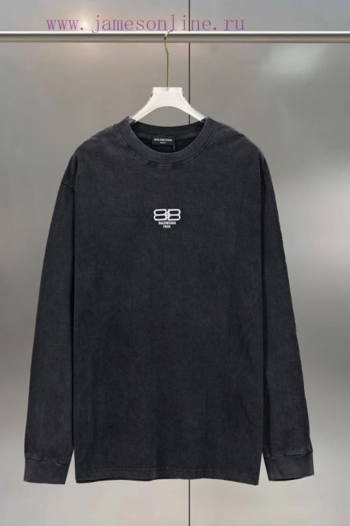 BALENCIAGA Paris Double B Grid Embroidered CottonRound Neck Long Sleeved ShirtColor: Wash Water 0ikh9xka - Image 2