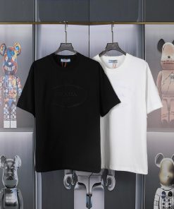 PRADA's New Embroidered Short Sleeves High Quality Double Pound Yarn 280g 32 Count Smooth Pure g9ypoy1y